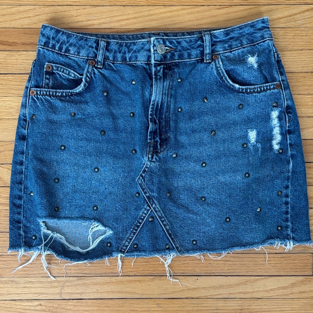 Topshop Distressed Studded Blue Mini Skirt